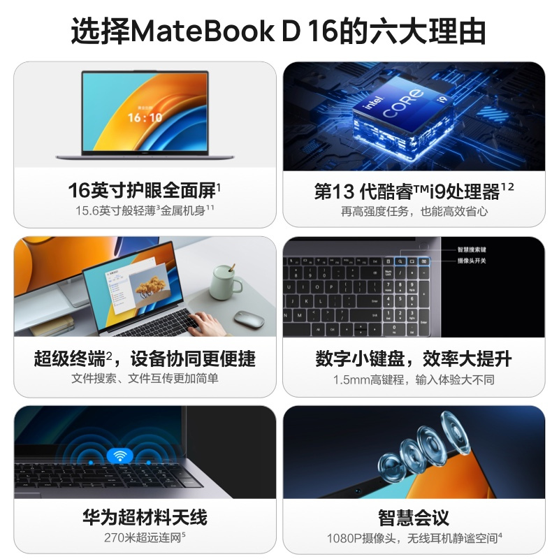 华为HUAWEI MateBook D 16 2023款 16英寸 13代酷睿i5标压处理器 16GB+1TB 皓月银 锐炬显卡 笔记本电脑 轻薄本 护眼全面屏 超级终端