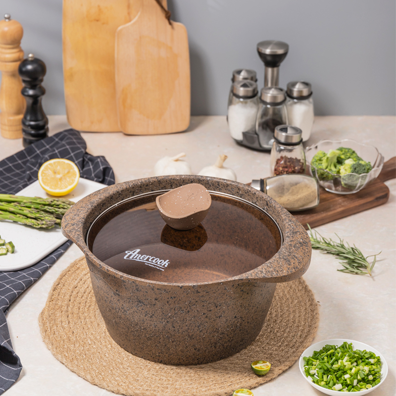 AMERCOOK阿尔菲塔麦饭石汤锅不粘锅24cm 家用汤锅合金无油烟炖锅煲汤锅火锅平底锅 燃气灶电磁炉通用锅 咖啡色