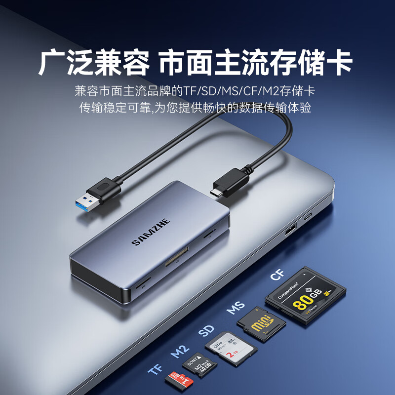 山泽USB3.0五合一多功能读卡器 SD/TF/CF/MS/M2多卡多读 适用手机/相机/平板/行车记录仪/监控储存卡高清大图