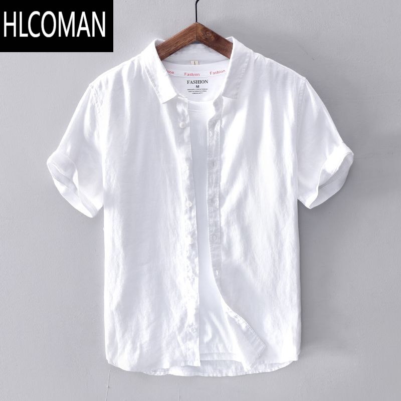 HLCOMAN亚麻衬衫男短袖宽松夏季薄款简约纯白色棉麻衬衣商务休闲寸衫外套
