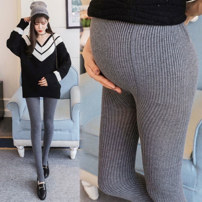 迪鲁奥(DIUAO)孕妇裤子春秋新款显瘦小猫踩脚打底裤高腰孕妇竖条纹针织袜子 小猫黑踩 图片