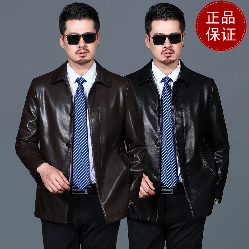 免费试穿 加绒加厚春秋男装皮衣外套中老年皮夹克黑色仿皮上衣单排扣暗襟2024冬装新款外套潮海宁软皮夹克大码男装高清大图