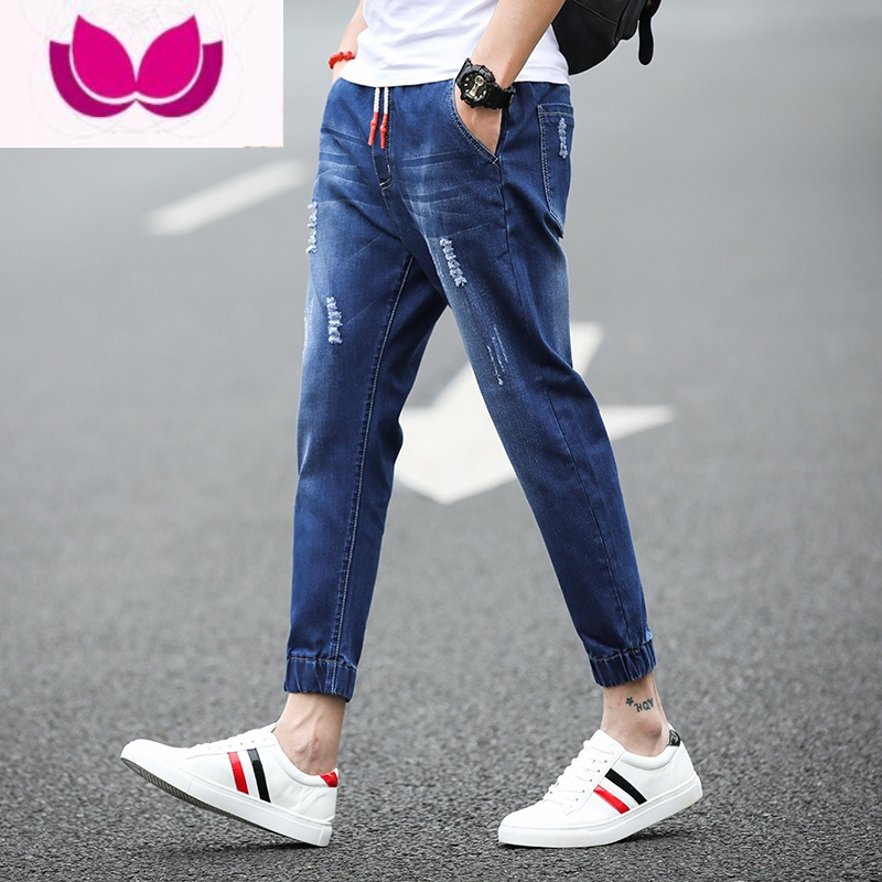 七斓夏季薄款破洞九分牛仔裤男士修身小脚弹力韩版潮流束脚9分裤子男