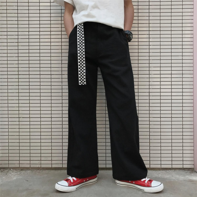 2018夏款韩国个性格子印花休闲裤潮牌简约宽松直筒青年男装长裤子