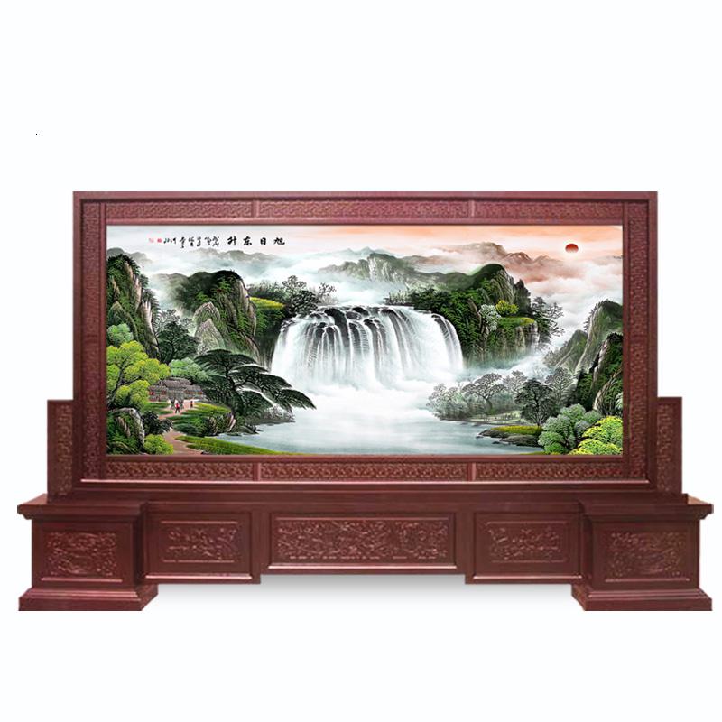 BONJEAN中式实木刻屏风隔断客厅办公室酒店公司大厅山水迎客松屏风高清大图