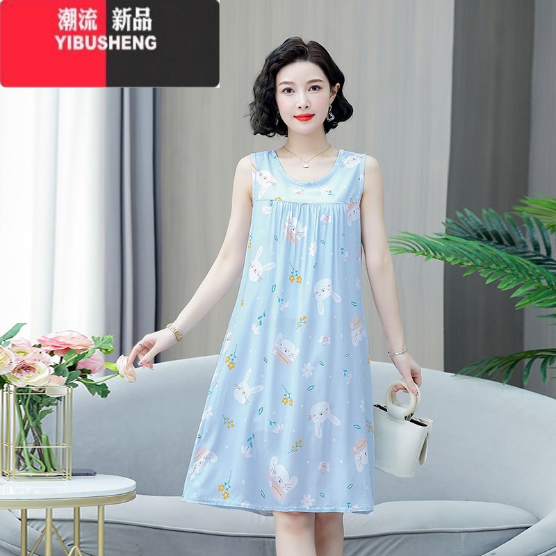 YIBUSHENG装新款无袖睡裙中年妈妈装季睡衣过膝裙子女透气棉绸舒适睡裙高清大图