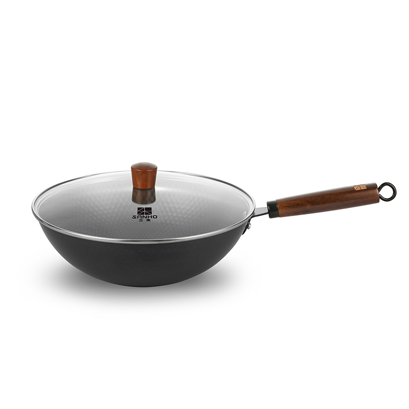 三禾 窒化锤纹龙铁锅 32CM 平底不易生锈锅具家用炒菜锅带盖 TC32P3