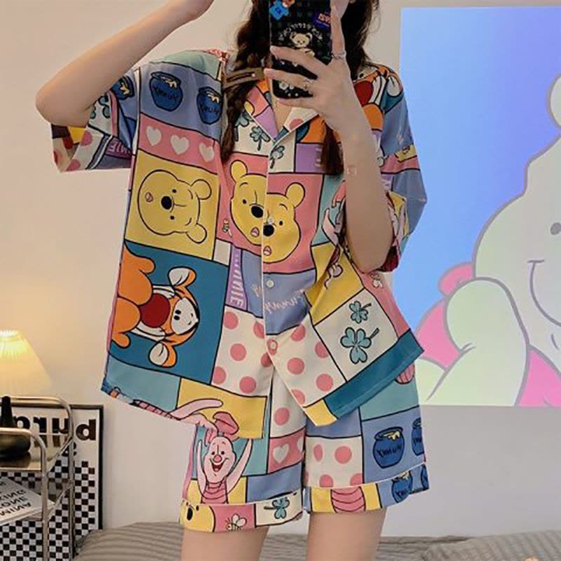 ins夏季睡衣女慵懒风卡通甜美开衫短袖短裤学生两件家居服套装莎丞图片