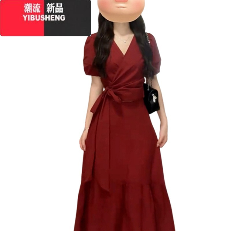 YIBUSHENG法式复古红色气质a字半身裙长裙女季2024新款连衣裙搭配一整套