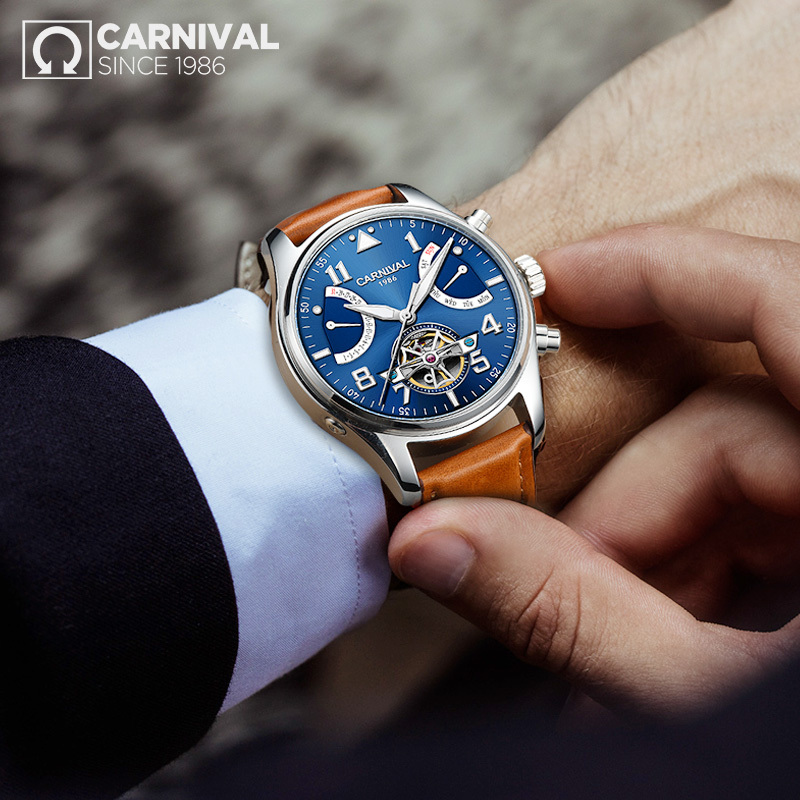 嘉年华Carnival手表大表盘男士全自动机械表 男真皮表带商务针扣腕表夜光防水休闲时尚大气魅力型男必备8783G黄皮高清大图