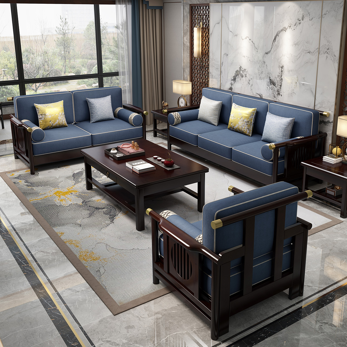 月影梳桐新中式沙发全实木布艺沙发组合客厅1 2 3现代木质禅意家具