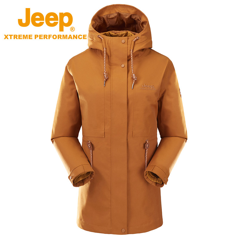 Jeep户外防水羽绒服女士三合一可拆卸内胆玫瑰黄色同款冲锋衣秋冬 姜黄 M