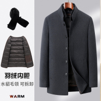 花花公子品牌高档冬装水貂毛领+可拆羽绒内胆男士羊毛呢大衣立领厚男外套 灰色 185