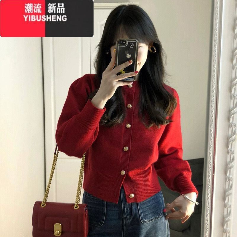 sheng复古红色毛衣女高级感小香风上衣设计感收腰短款针织开衫外套