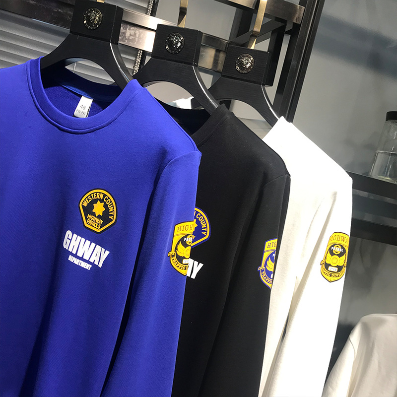 欧货春秋季卫衣男加绒加厚圆领修身韩版潮流印花青年长袖T恤打底高清大图