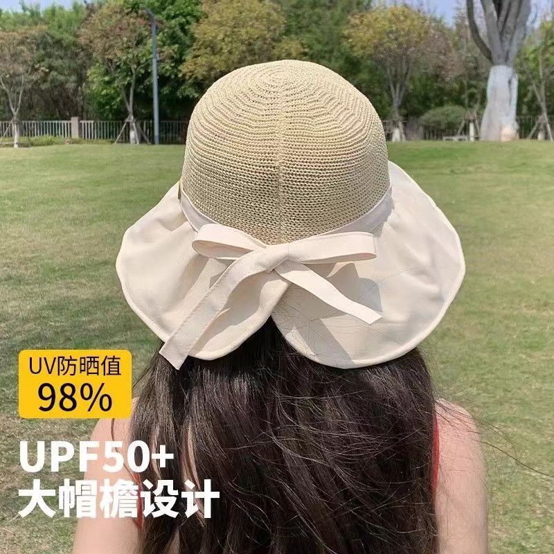 韩版拼接渔夫帽大帽檐女春夏透气户外遮阳蝴蝶结_852高清大图