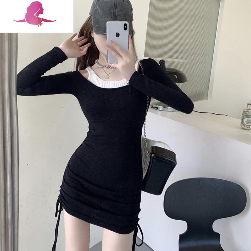 艳如飞针织连衣裙女春秋季性感吊带露肩假两件心机抽绳紧身打底包臀裙子连衣裙