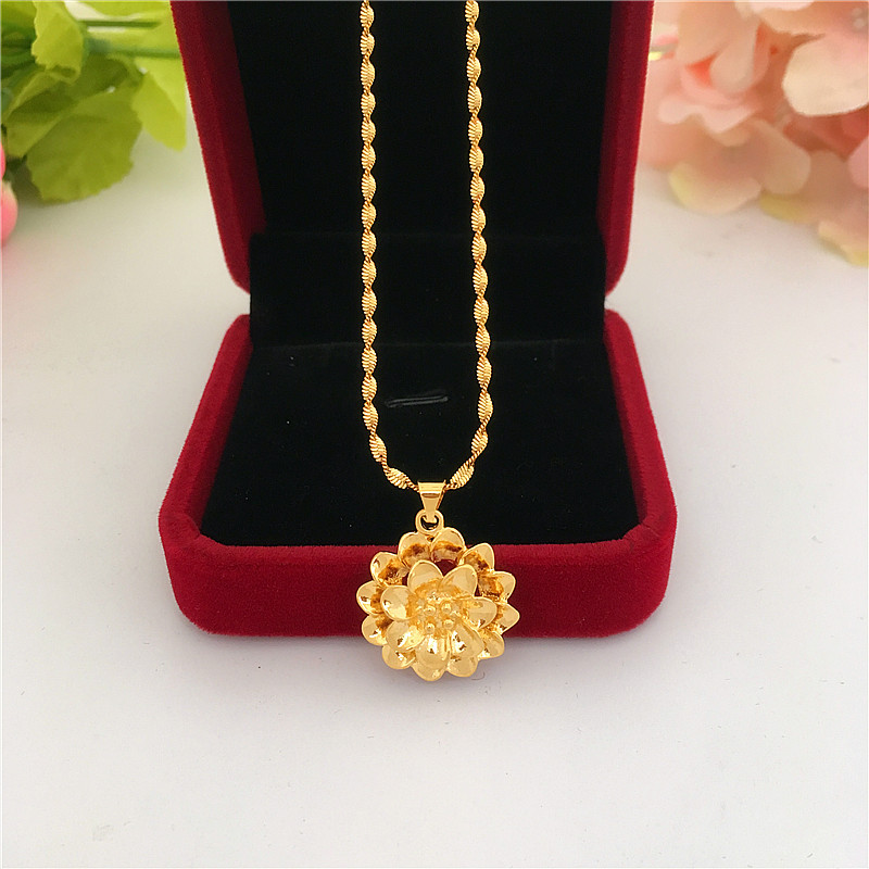 新款仿沙金项链女不掉色 24K镀金光面花朵吊坠项链仿黄金婚庆饰品送女朋友老婆情人节七夕生日礼物