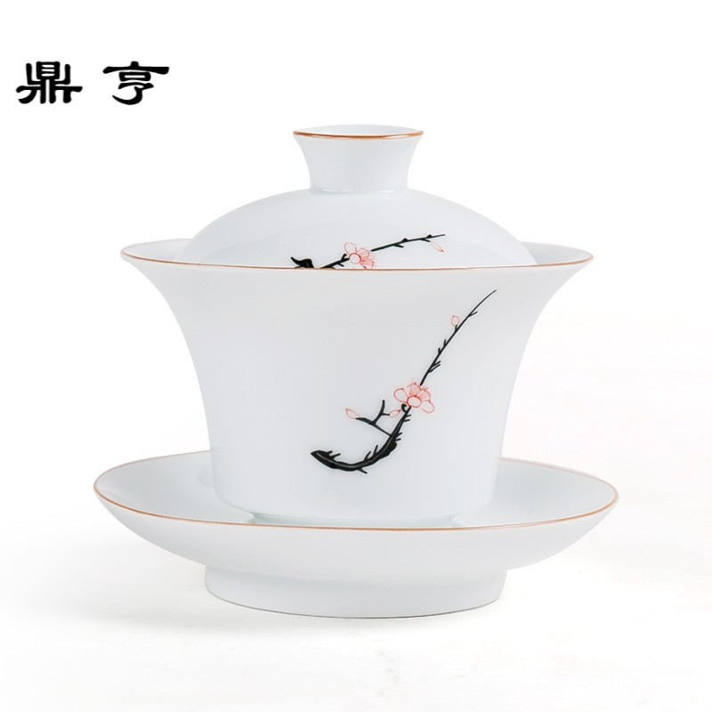 鼎亨手绘梅花盖碗茶杯陶瓷功夫茶具三才碗釉下彩薄胎白瓷泡茶碗敬