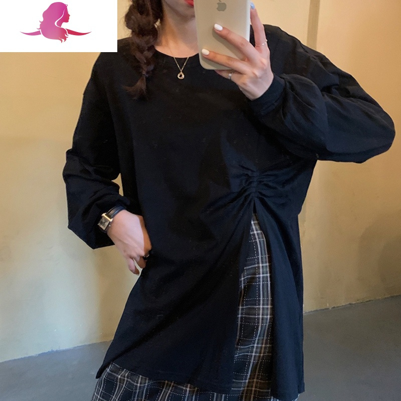 艳如飞设计感褶皱开叉白色打底衫长袖t恤女上衣春秋百搭中长款宽松体恤T恤