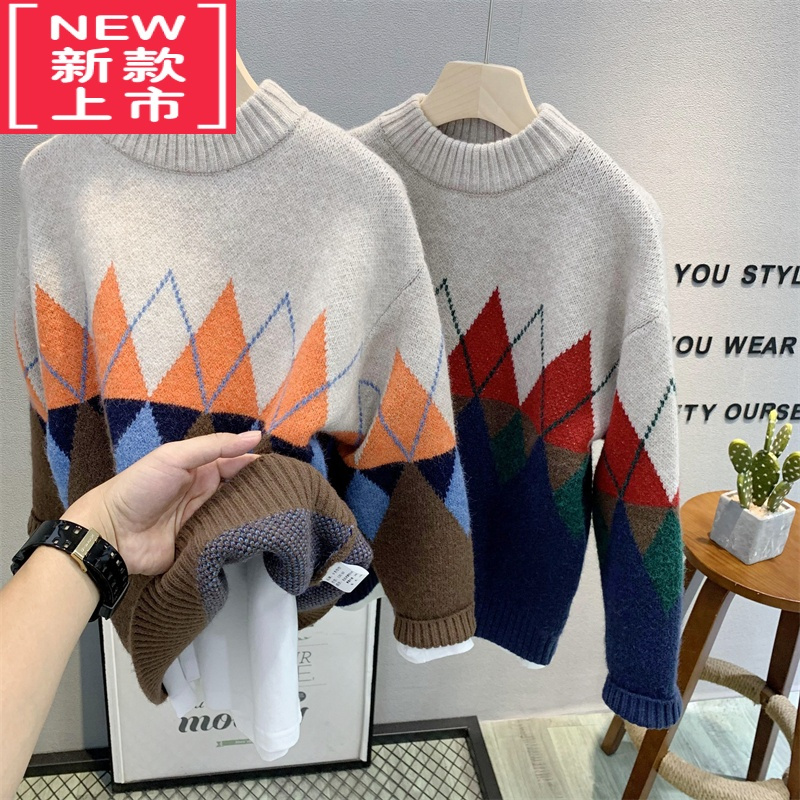 可莉允卡芙恰恰童装 中大童韩版圆领针织衫2022冬款时尚保暖毛衣潮