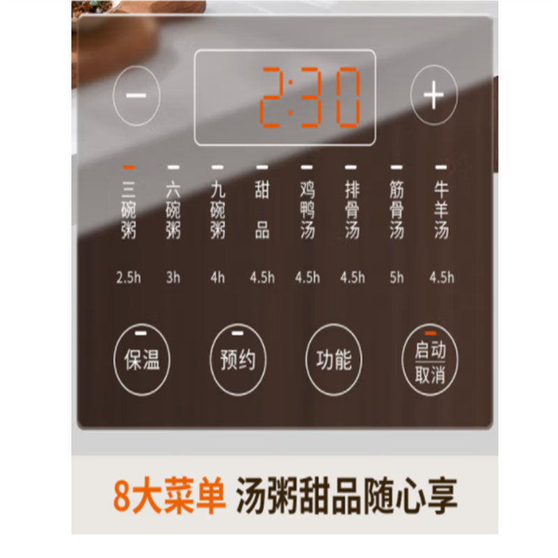 内胆数量:单胆;内胆材质:炽陶或紫砂;额定功率300-500W,具有保温、定时(0-24小时)、预约功能,控制方式:微电