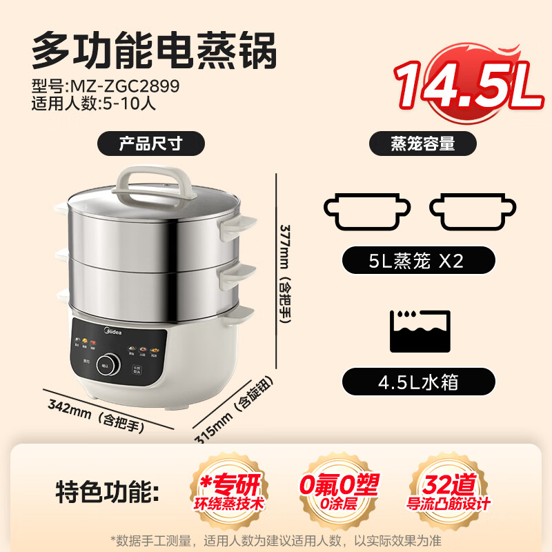 美的(Midea)电蒸锅电煮锅不锈钢14.5L大容量蒸锅炖蒸煮一体多功能锅蒸包子蒸馒头 MZ-ZGC2899高清大图
