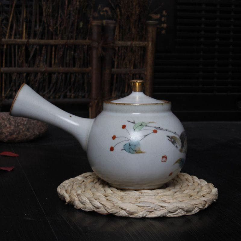 铭道尚品描金官窑侧把壶陶瓷大号码茶壶汝窑单壶汝瓷手工创意壶【SD24
