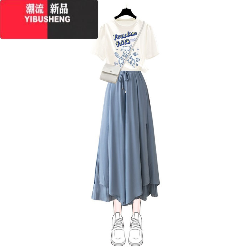 YIBUSHENG蓝色雪纺连衣裙初中学生装仙女森系仙长裙子女季两件套装