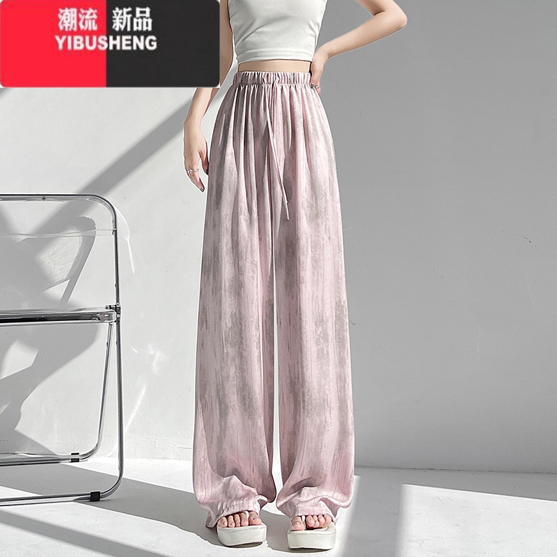 YIBUSHENG醋酸缎面冰丝休闲裤女季薄款复古扎染阔腿裤150cm小个子九分裤高清大图