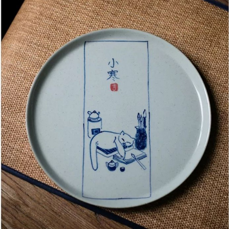 猫肥家润手绘青花茶盘果盘茶托小猫干泡盘盘子壶承壶托杯托茶台