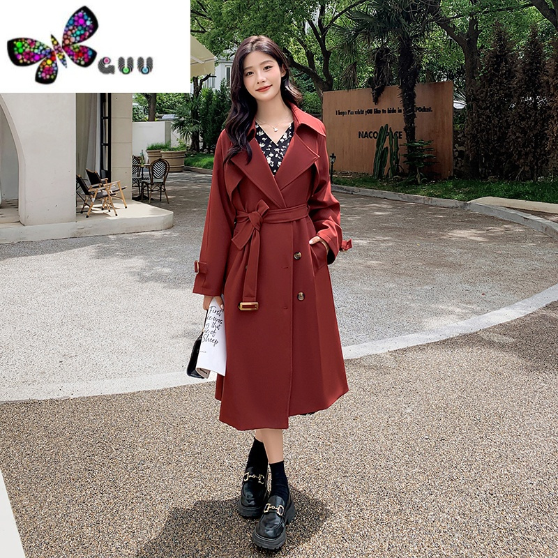 语娄酒红色风衣外套女中长款2023新款流行气质休闲英伦风收腰大衣