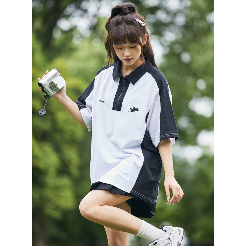 [2.5折价74元]唐狮夏季女袖子拼接撞色短袖polo衫显瘦百搭韩系休闲潮流