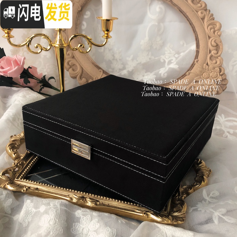 三维工匠大号麂皮绒布带锁首饰盒双层耳环耳钉饰品珠宝收纳盒高清大图