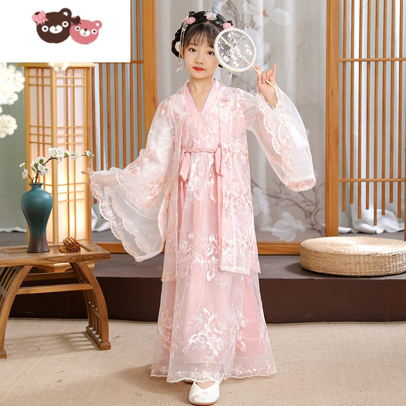 绿彩虹光汉服女童春秋儿童唐装汉服裙中国风超仙襦裙小女孩古风古装