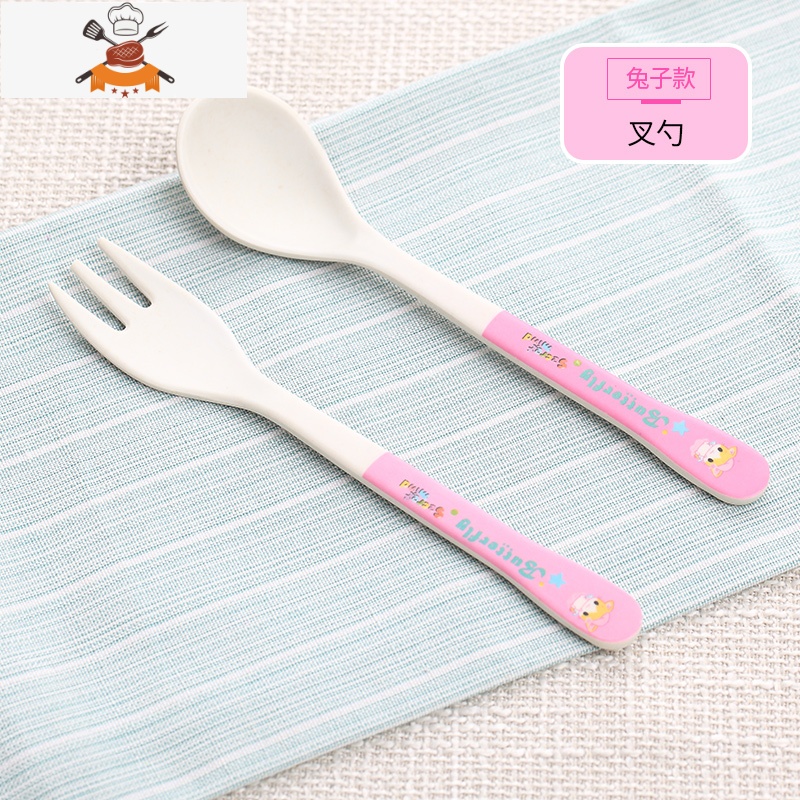 竹纤维儿童餐具吃饭辅食碗宝宝餐盘婴儿分格卡通饭碗叉子勺子套装 兔子款[叉勺] 敬平