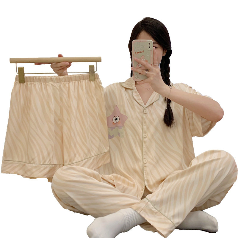 睡衣女夏季冰丝短袖短裤薄款2026条纹卡通印花宽松大码可外穿家居高清大图
