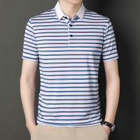 正品夏季新款桑蚕丝短袖T恤男士休闲冰丝POLO衫男翻领 180/2XL155-170斤 白条-72308