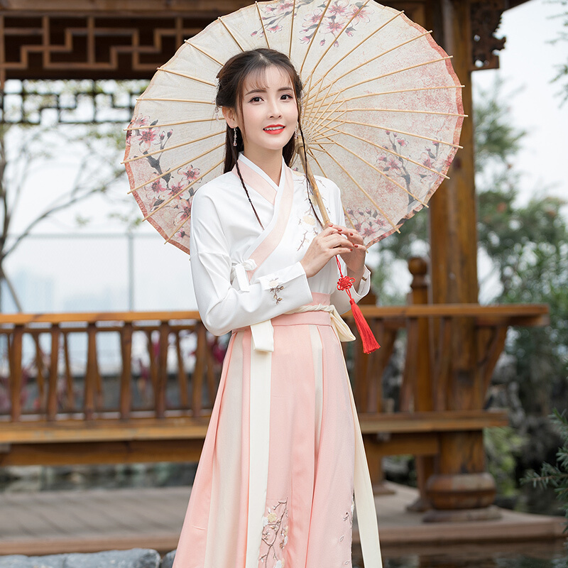 改良日常学生汉服夏装女古装服装仙女清新淡雅交领刺绣襦裙中国风lm上衣+襦裙