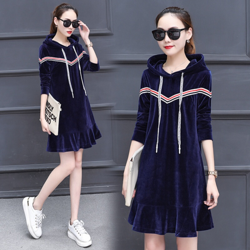 迪鲁奥(DILUAO)孕妇连衣裙秋冬季 新款孕妇连衣裙秋装金丝绒宽松裙摆孕妇裙b855- 蓝色 均码