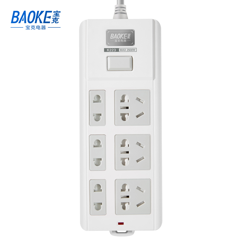 宝克(BAOKE)K223-3K 3m插线板 新国标延长线插座6位组合总控开关 2500W MAX 白色 1个