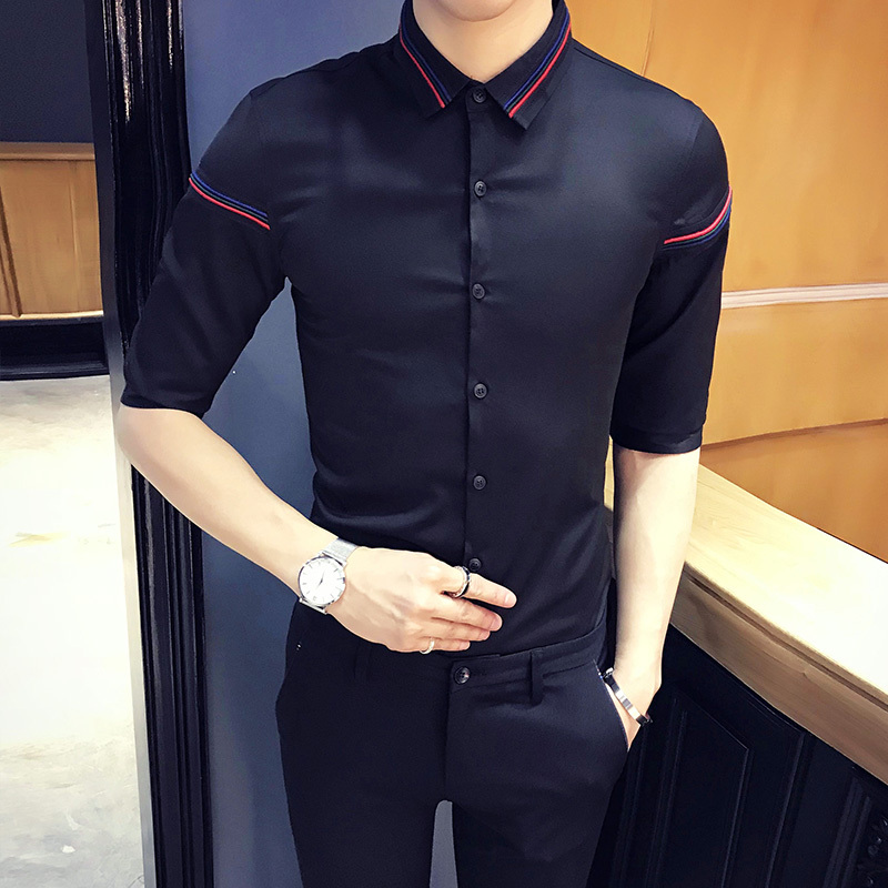个性简约刺绣七分袖衬衫男韩版修身型师会所工作服时尚中袖短袖