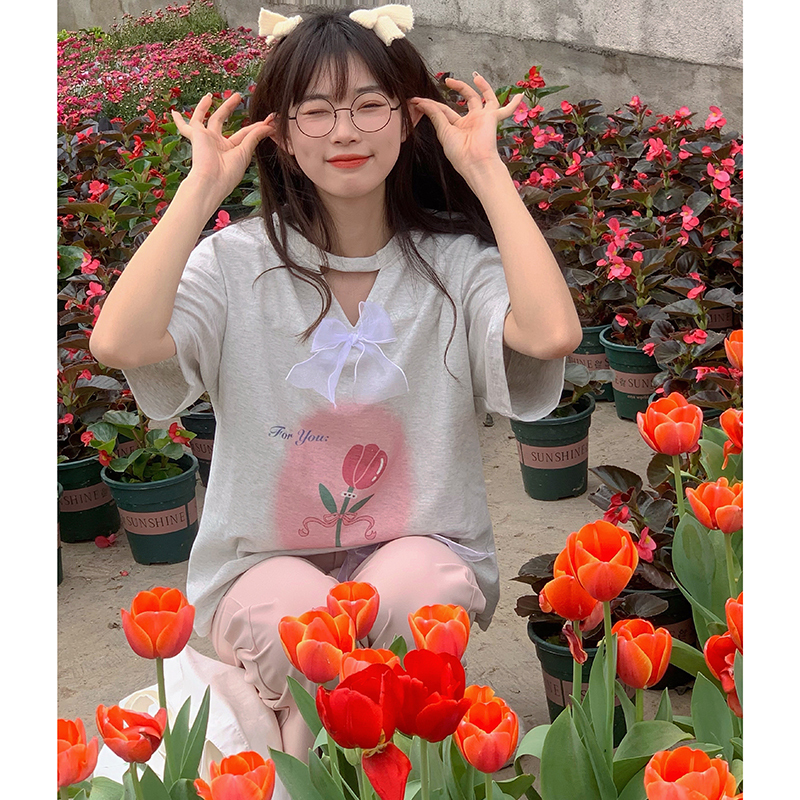 秋壳少女腮红短袖t恤女夏新款甜美可爱印花蕾丝蝴蝶结学生上衣ins