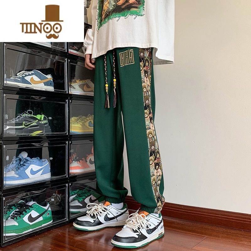 YANXU束脚卫裤男秋季国风潮牌小熊刺绣大码宽松潮流百搭休闲长裤子高清大图