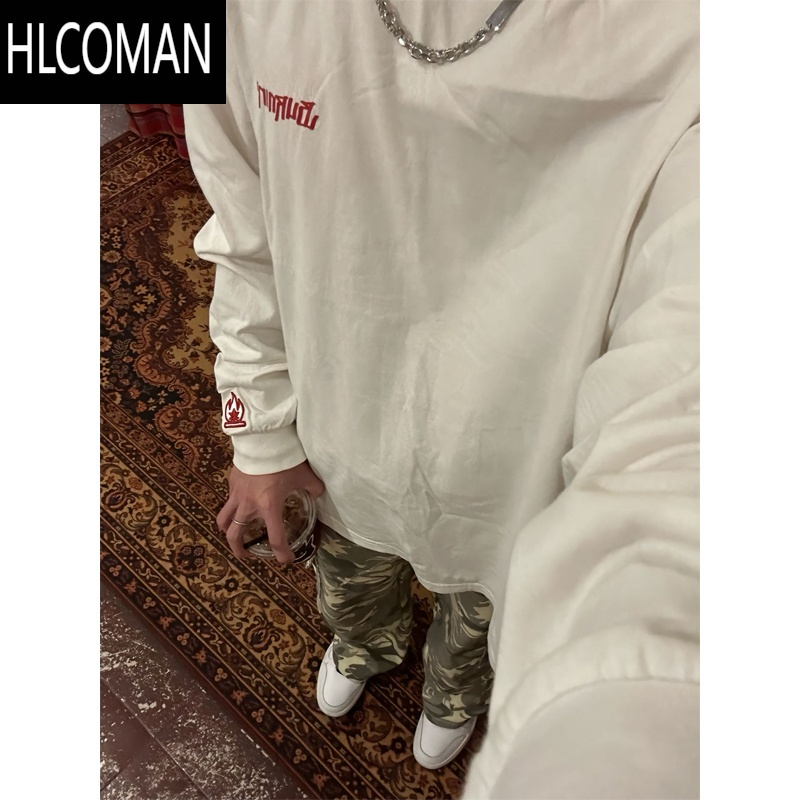 HLCOMANburnin小火苗刺绣卫衣男潮牌小领口长袖t恤cleanfit外套
