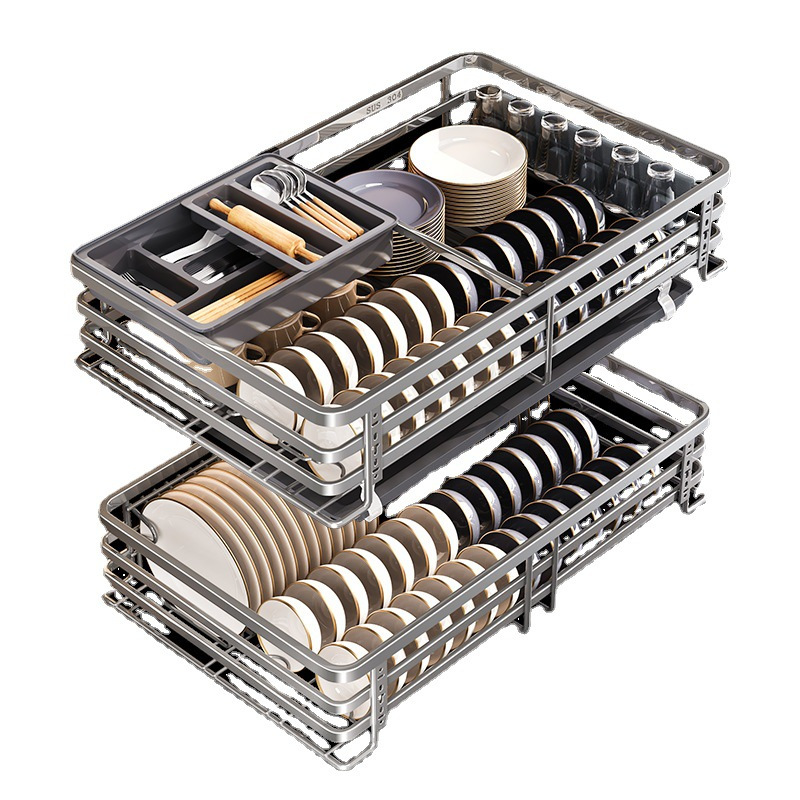 尔沫 厨房拉篮橱柜抽屉式双层304不锈钢碗篮枪灰色碗碟置物架柜内放碗