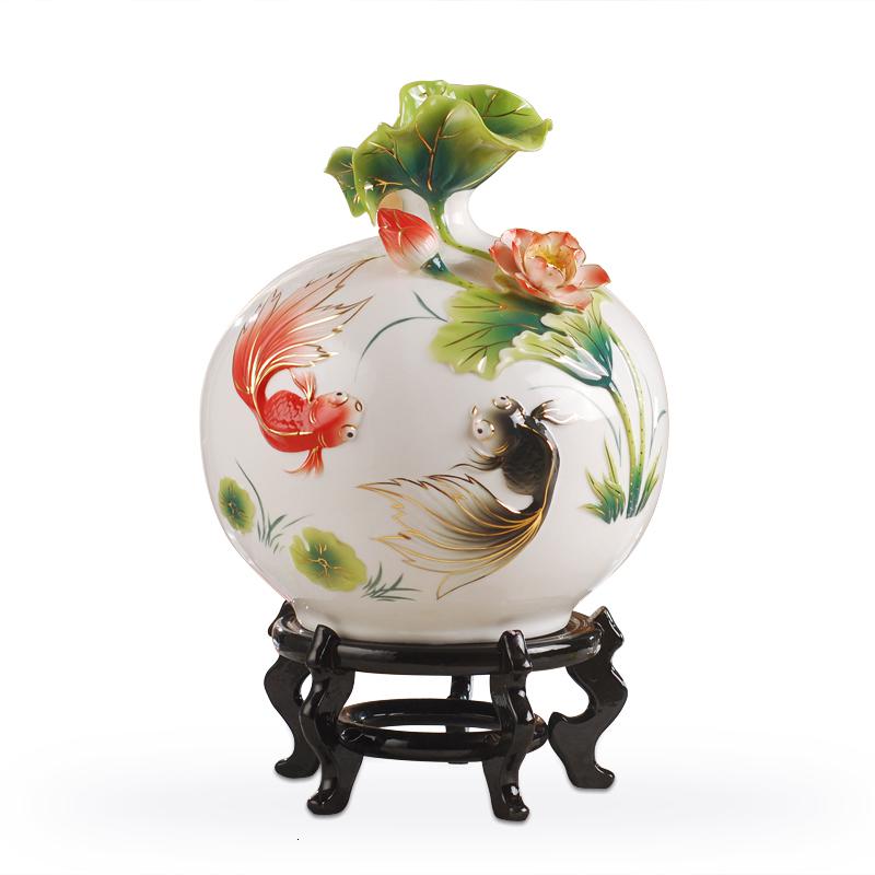 金玉满堂景德镇陶瓷花瓶摆件客厅插花装饰品家居摆设大瓷器珐琅彩 三维工匠 莲鲤花瓶加底座加礼盒高清大图