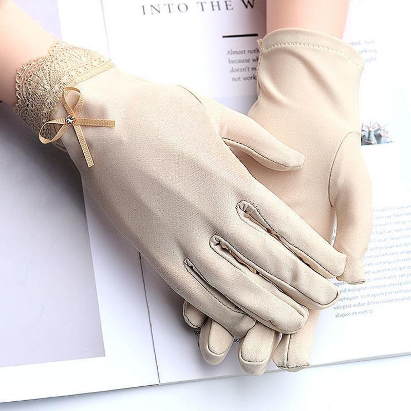 夏天薄款手套女士单层防晒蕾丝花边骑车开车氨纶弹力户外手套花边带钻