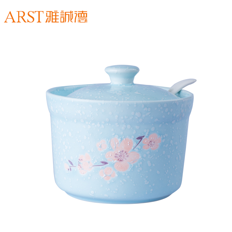 雅诚德(arst) 日式釉下彩陶瓷餐具调料罐盐罐调料瓶 厨房家用创意调味料调味罐 炫彩4’’调味缸(蓝) 均码