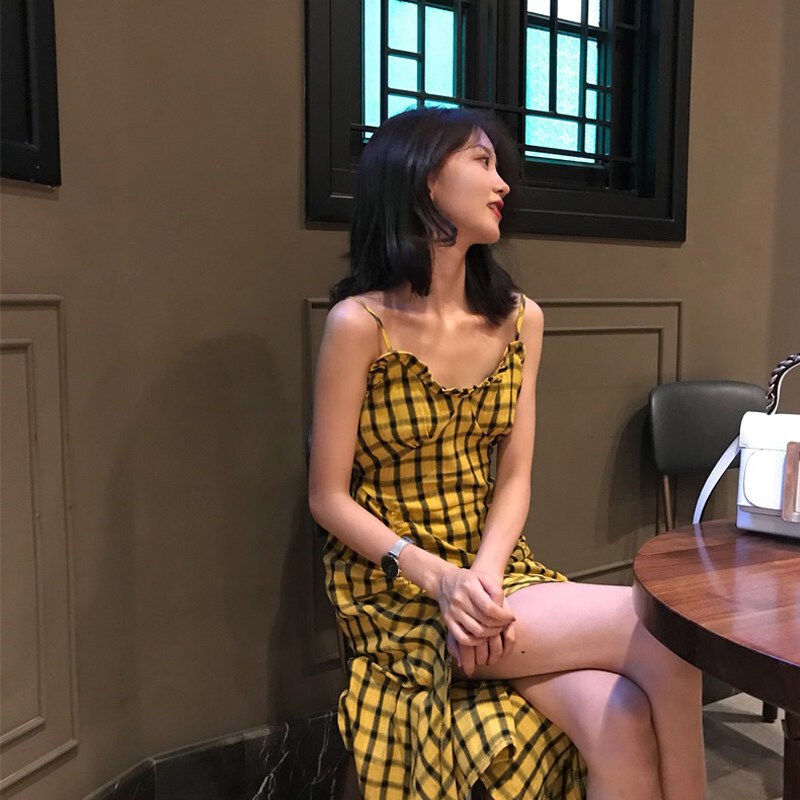 长裙女夏装2018新款慵懒风chic心机裙子设计感极简主义带连衣裙格子带裙